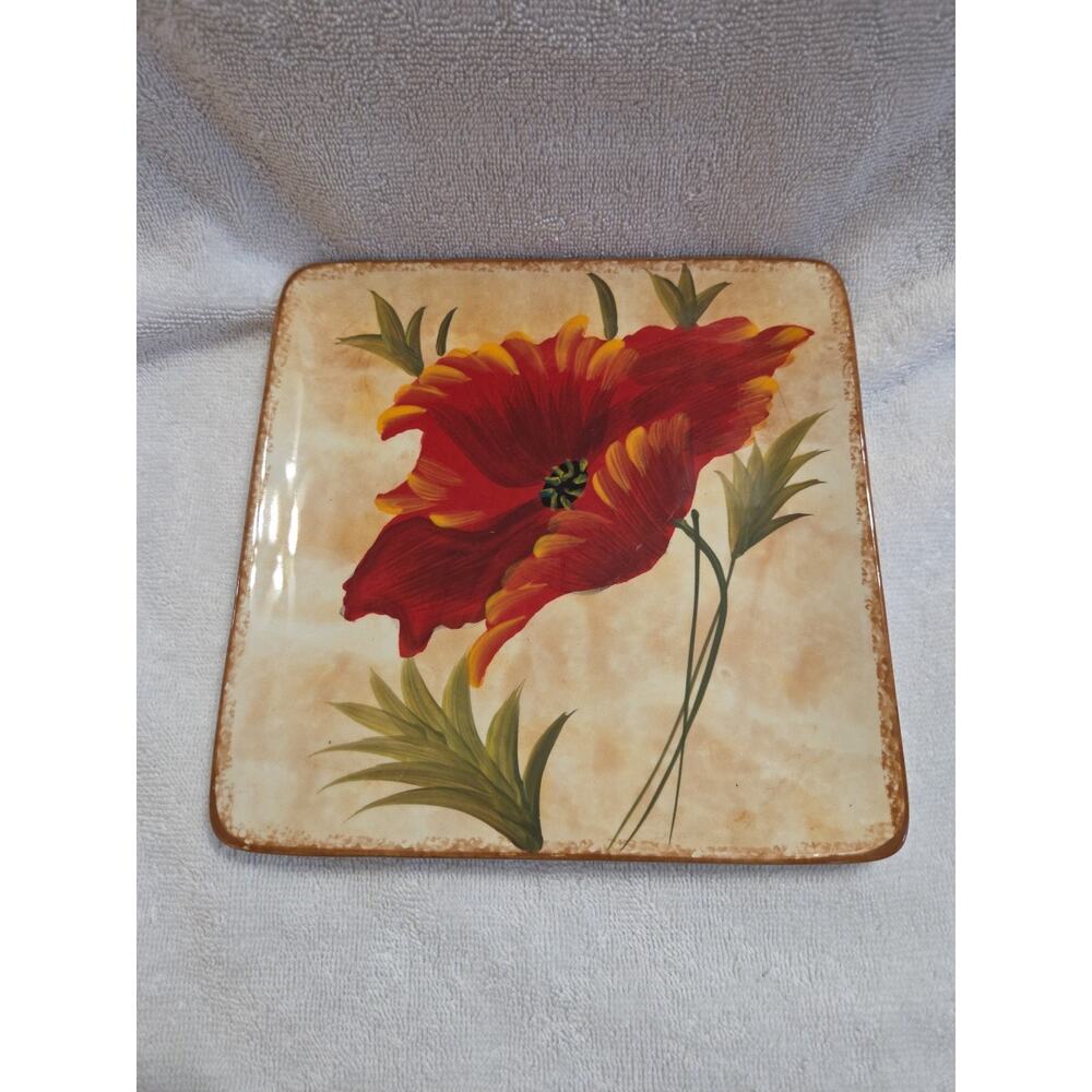 Vintage Pier 1 Square 8.25" Poppies Plate Serving Dish Neutral Flower